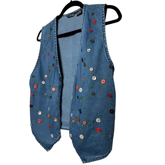 Vintage Denim Vest  Embroidered Button Floral Applique - Picture 3 of 7